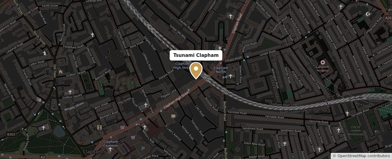 Map showing Tsunami Clapham at 5-7 Voltaire Road, SW4 6DQ